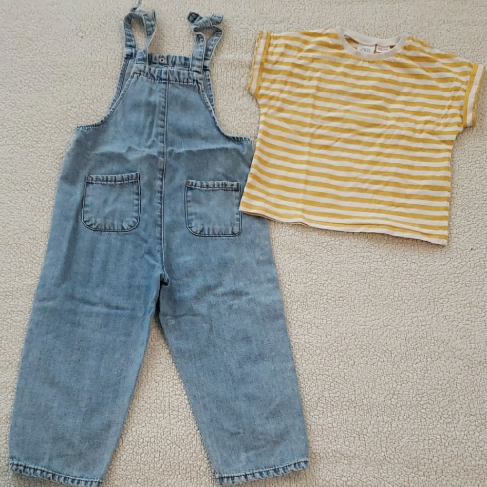 Zara Denim Blue Overalls & Yellow White Striped Shirt
